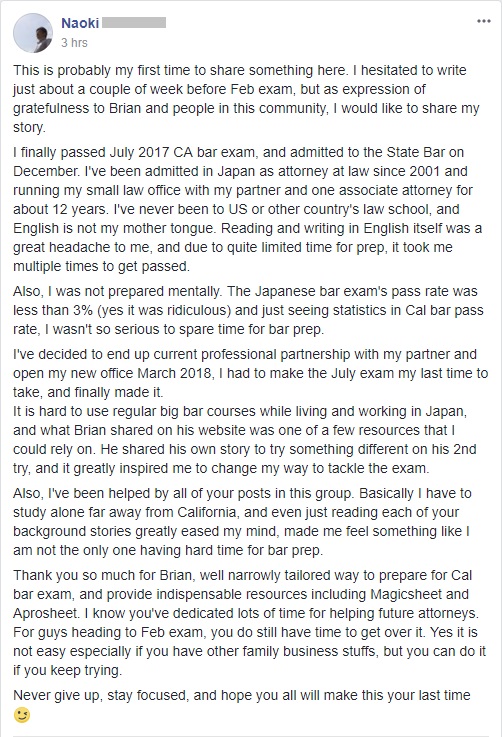 Naoki, a foreign lawyer who never went to an American law school, finally passed the CA bar
