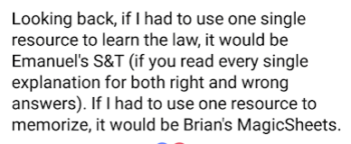 "If I had to use one single resource to learn the law, it would be Emanuel's S&T . . . . If I had to use one resource to memorize, it would be Brian's Magicsheets."