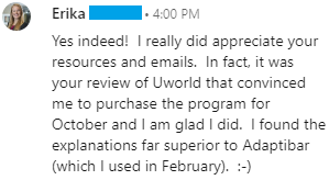 "In fact, it was your review of Uworld that convinced me to purchase the program for October and I am glad I did.  I found the explanations far superior to Adaptibar (which I used in February)."