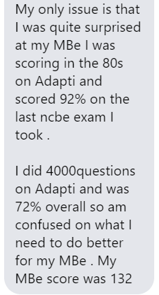 "I did 4000 questions on AdaptiBar and was 72% overall, so I'm confused on what I need to do better for my MBE."