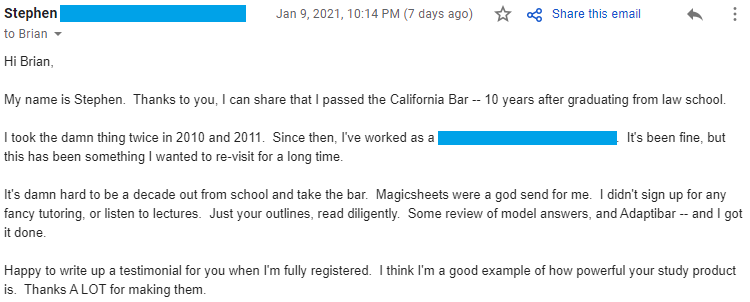 "It's damn hard to be a decade out from school and take the bar.  Magicsheets were a god send for me.  I didn't sign up for any fancy tutoring, or listen to lectures.  Just your outlines, read diligently.  Some review of model answers, and Adaptibar -- and I got it done."